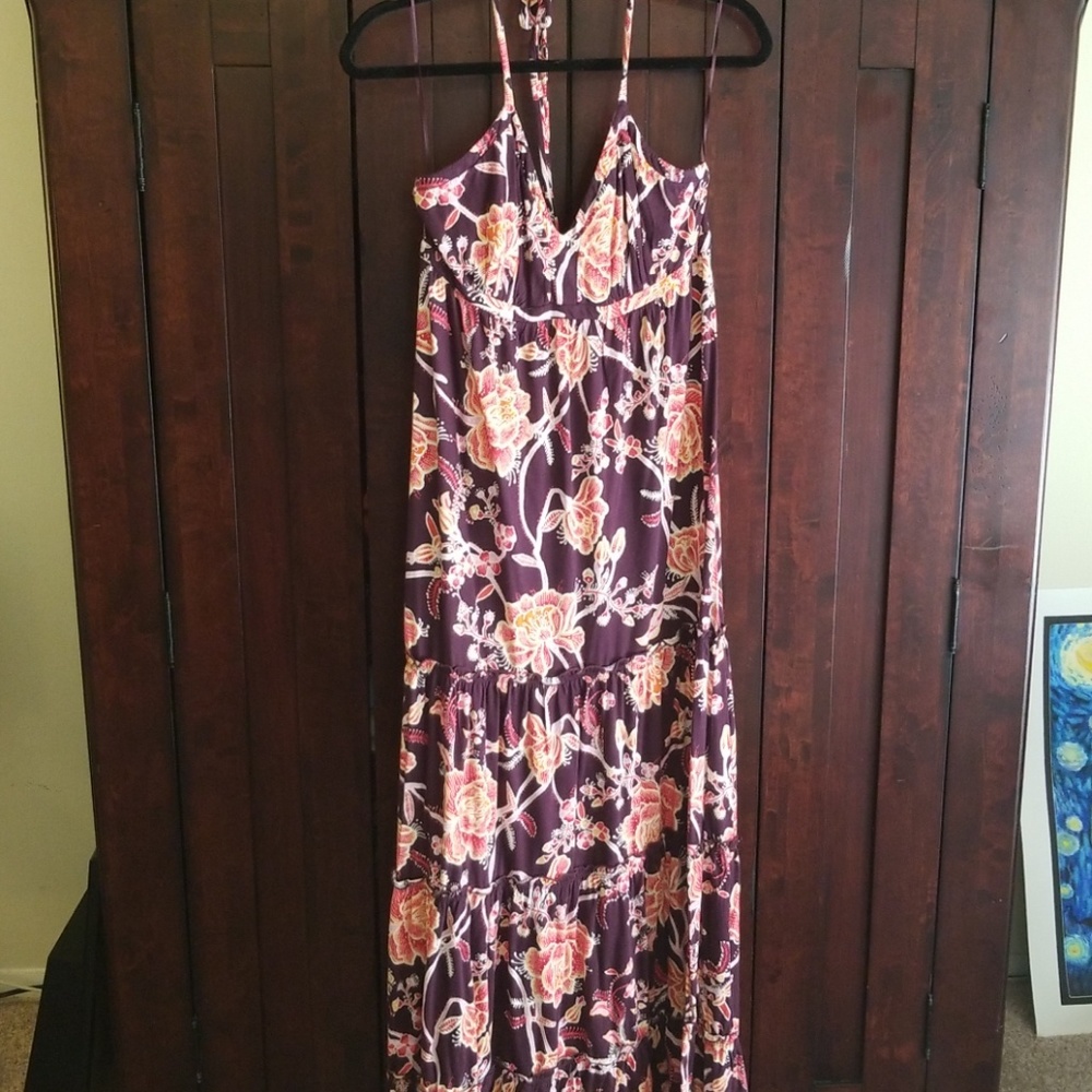Express Purple and Pink Flower Maxi Halter Dress